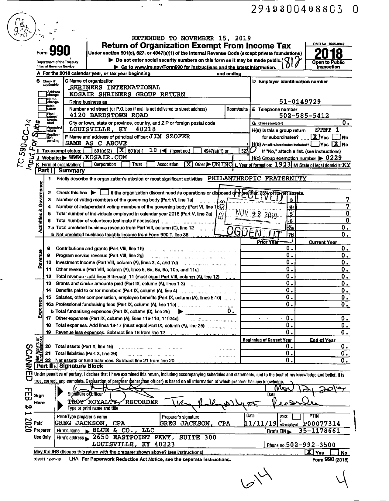 Image of first page of 2018 Form 990O for Shriners International - Kosair Shriners Group Return