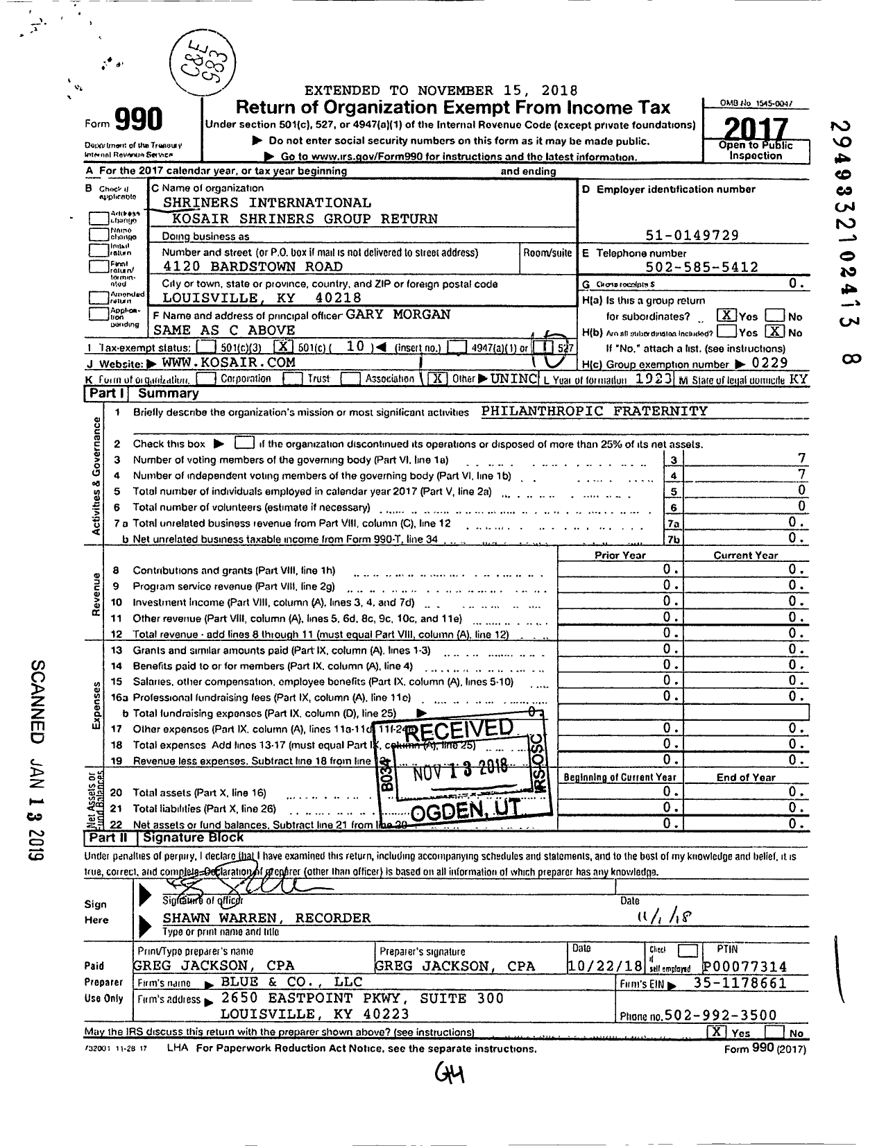 Image of first page of 2017 Form 990O for Shriners International - Kosair Shriners Group Return