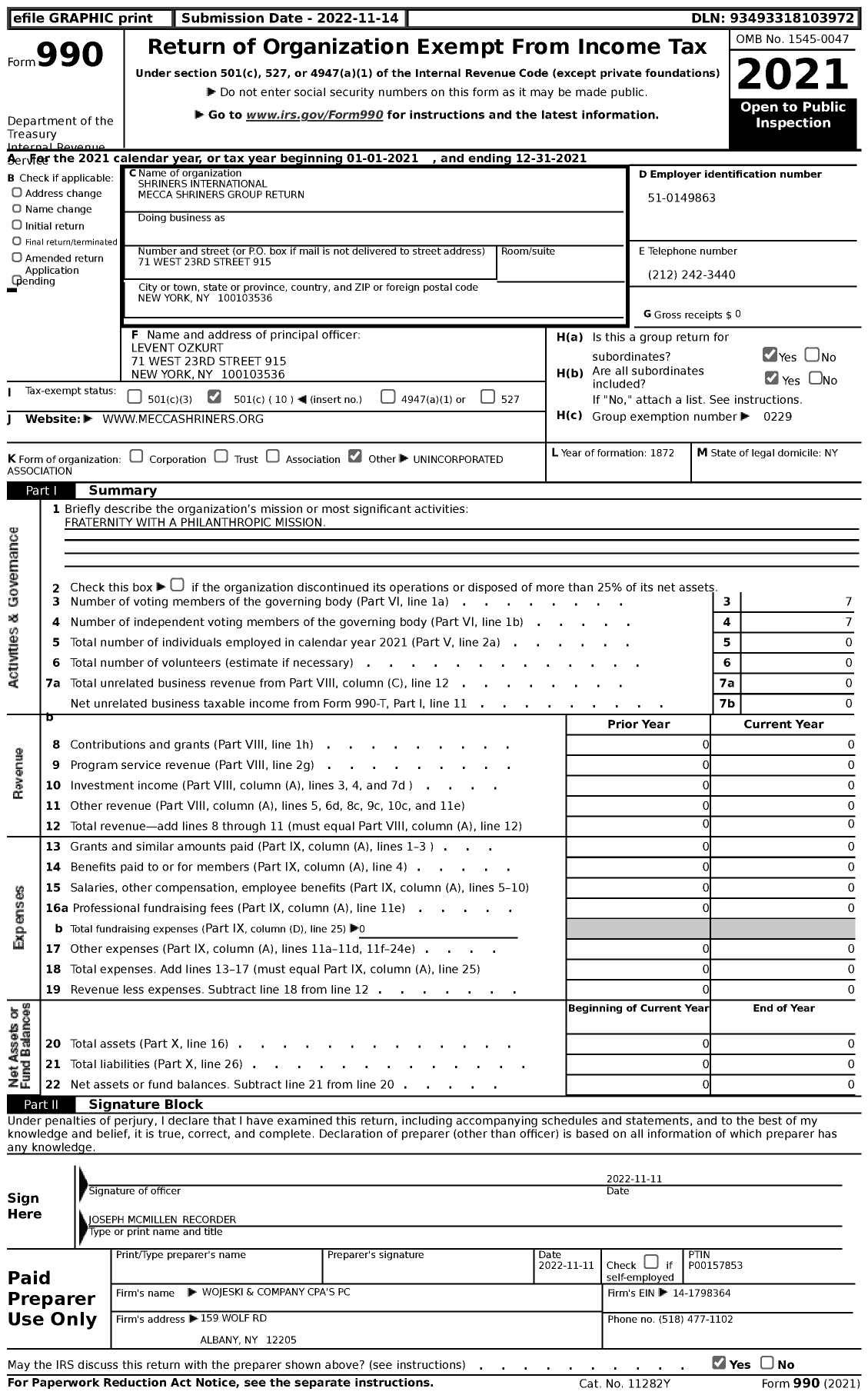 Image of first page of 2021 Form 990 for Shriners International - Mecca Shriners Group Return