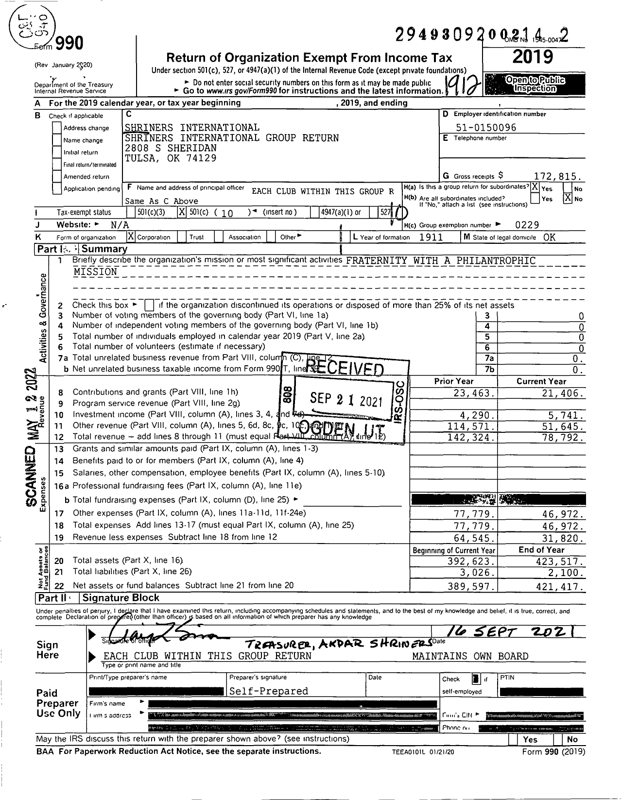 Image of first page of 2019 Form 990O for Shriners International