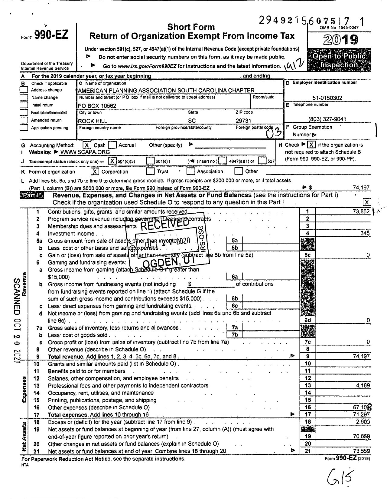 Image of first page of 2019 Form 990EZ for American Planning Association - 38 S Carolina Chapter