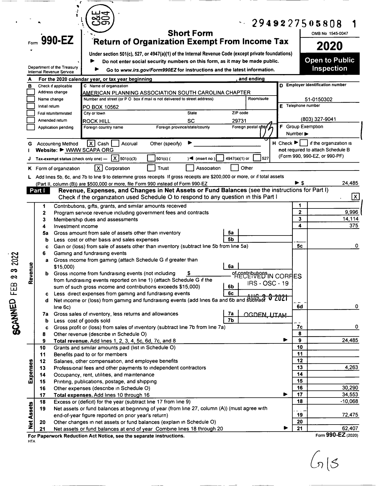 Image of first page of 2020 Form 990EZ for American Planning Association - 38 S Carolina Chapter