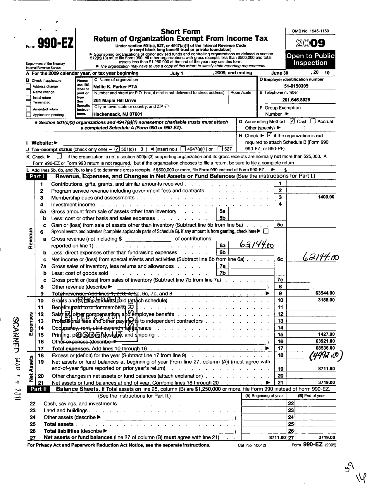 Image of first page of 2009 Form 990EZ for New Jersey PTA - 18779 Nellie K Parker PTA