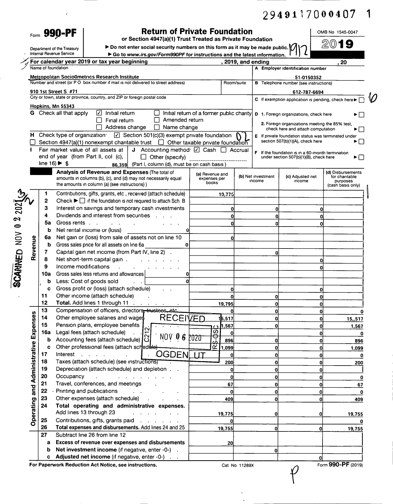 Image of first page of 2019 Form 990PF for Metropolitan Sociometrics Research Institute