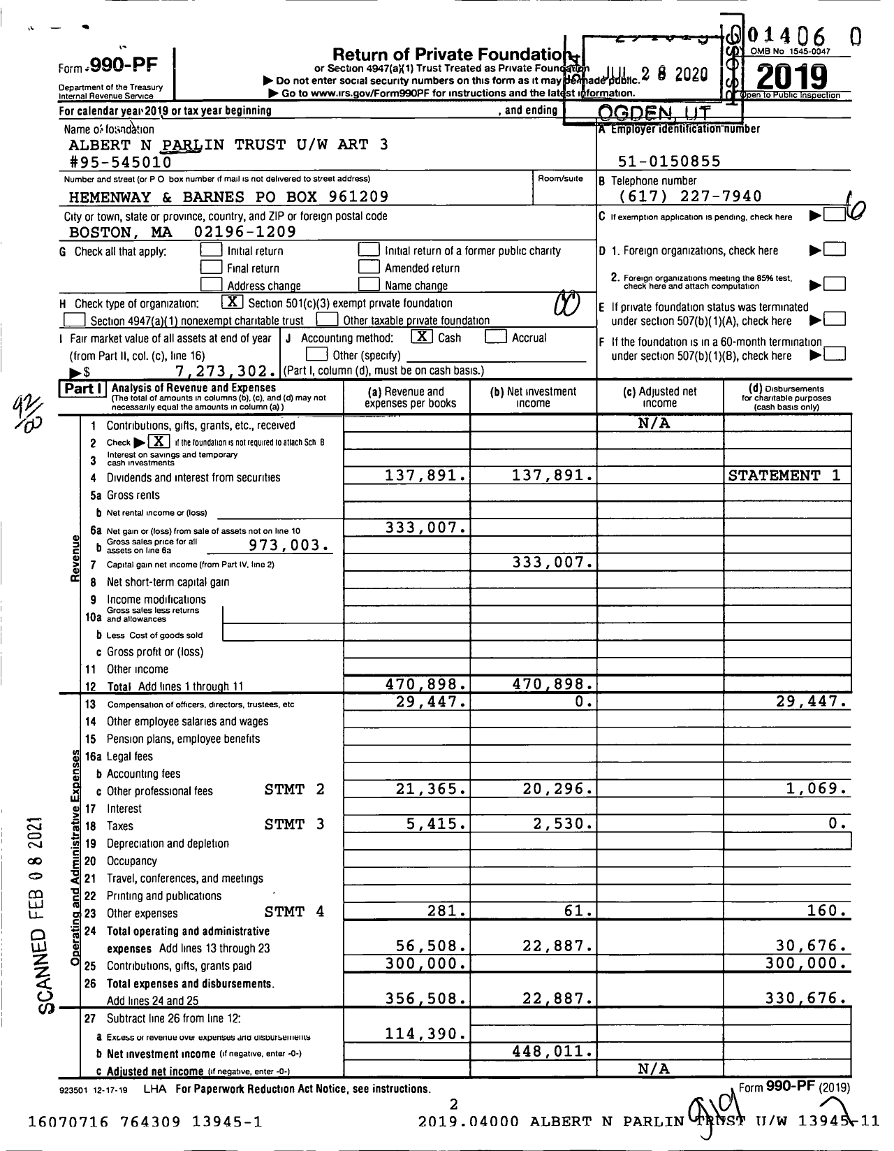 Image of first page of 2019 Form 990PF for Albert N Parlin Trust Uw Art 3 #95-545010