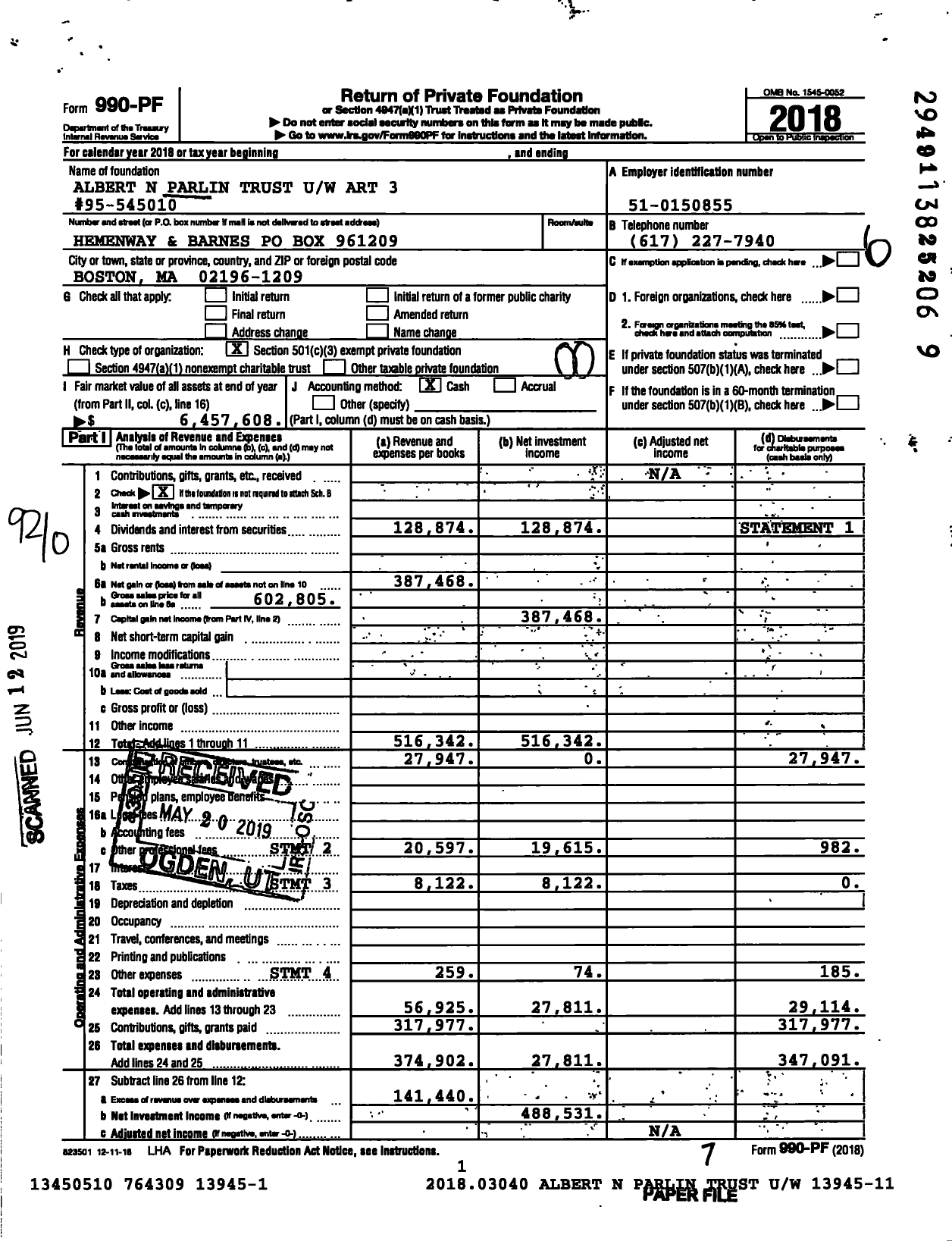 Image of first page of 2018 Form 990PF for Albert N Parlin Trust Uw Art 3 #95-545010