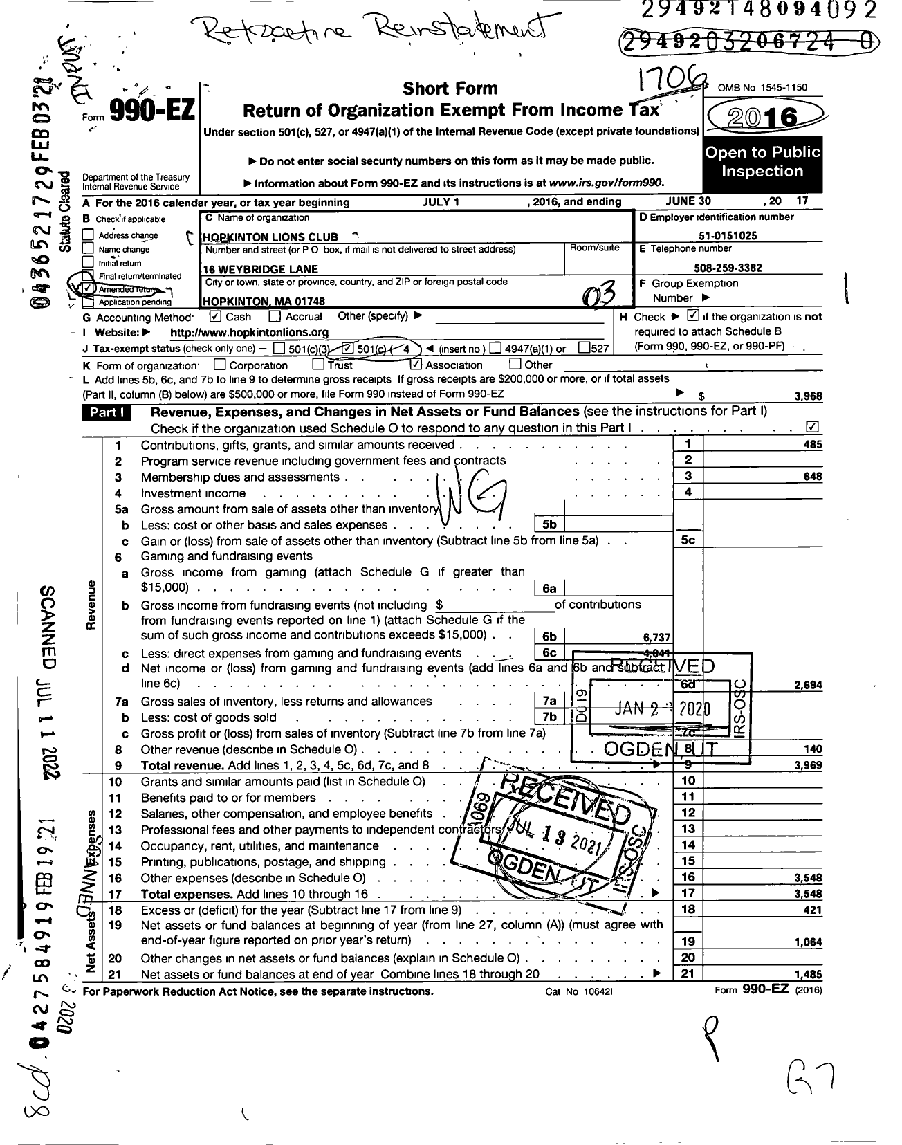 Image of first page of 2016 Form 990EZ for Hopkinton Lions Club Foundation