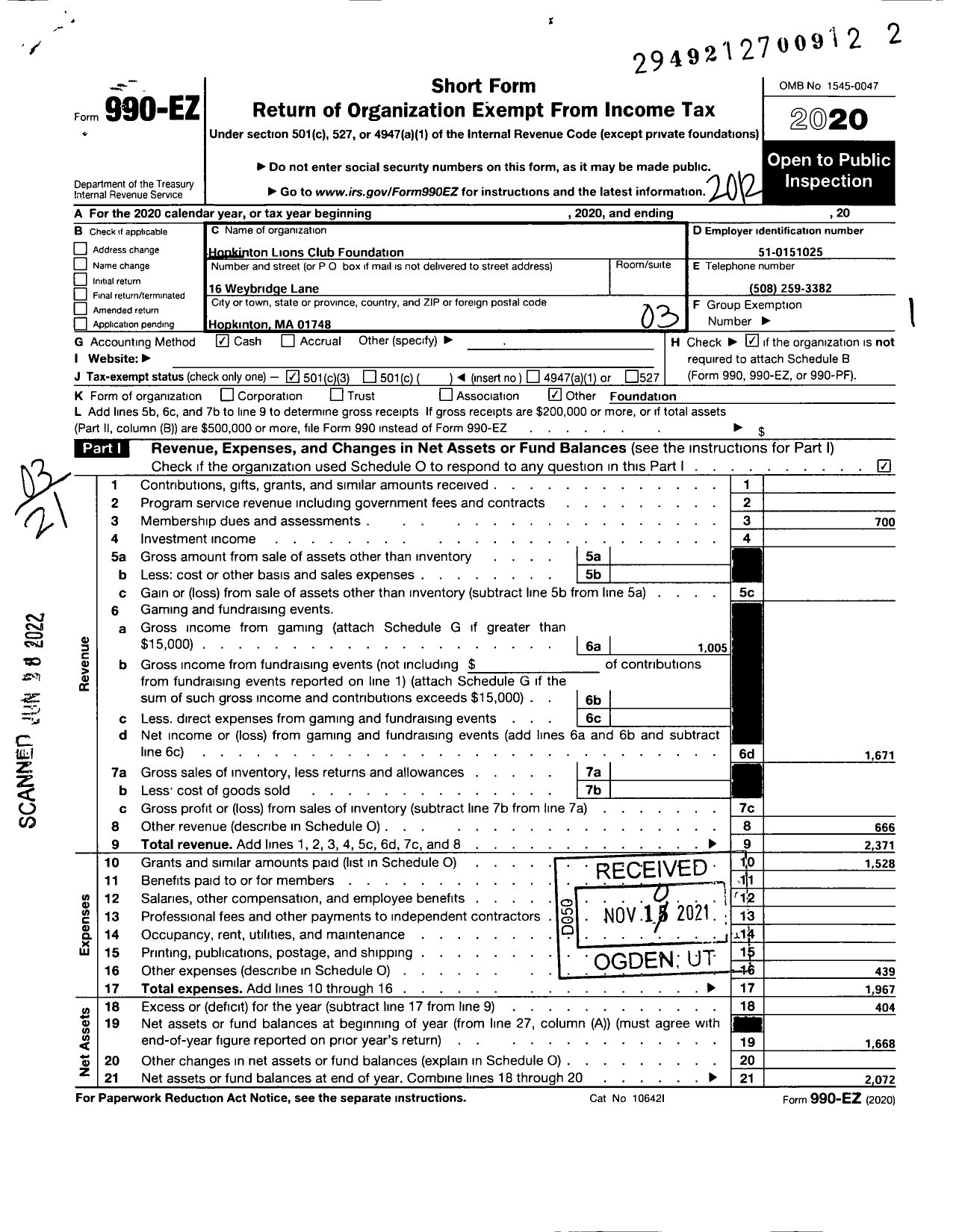 Image of first page of 2020 Form 990EZ for Hopkinton Lions Club Foundation