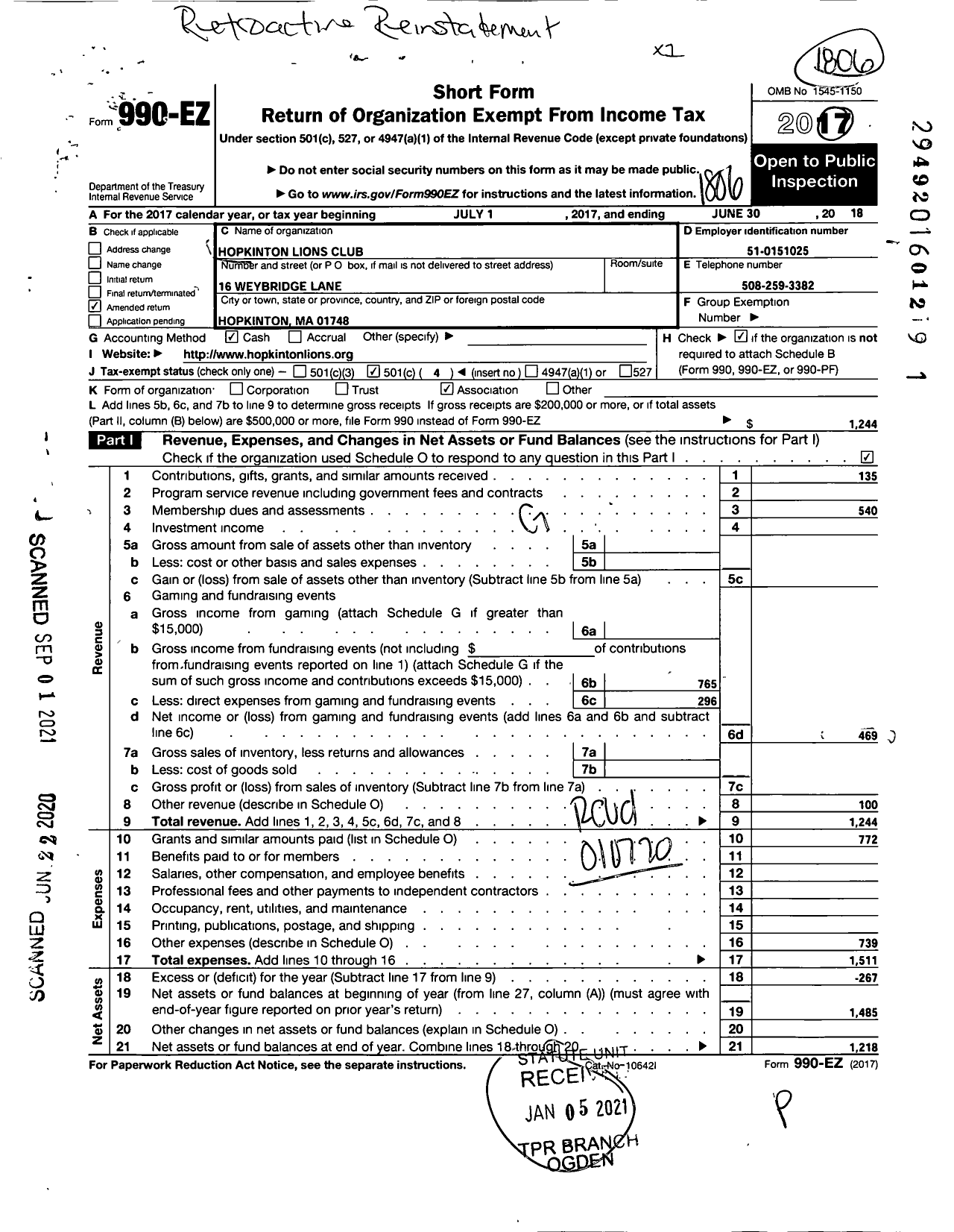 Image of first page of 2017 Form 990EO for Hopkinton Lions Club Foundation