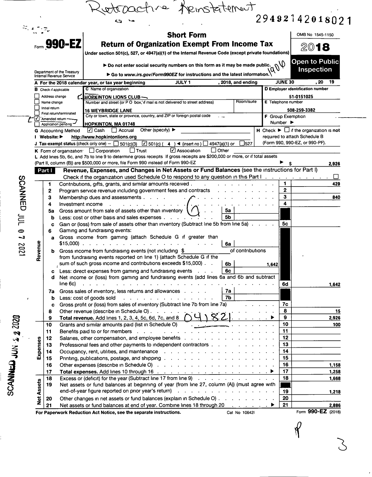 Image of first page of 2018 Form 990EO for Hopkinton Lions Club Foundation