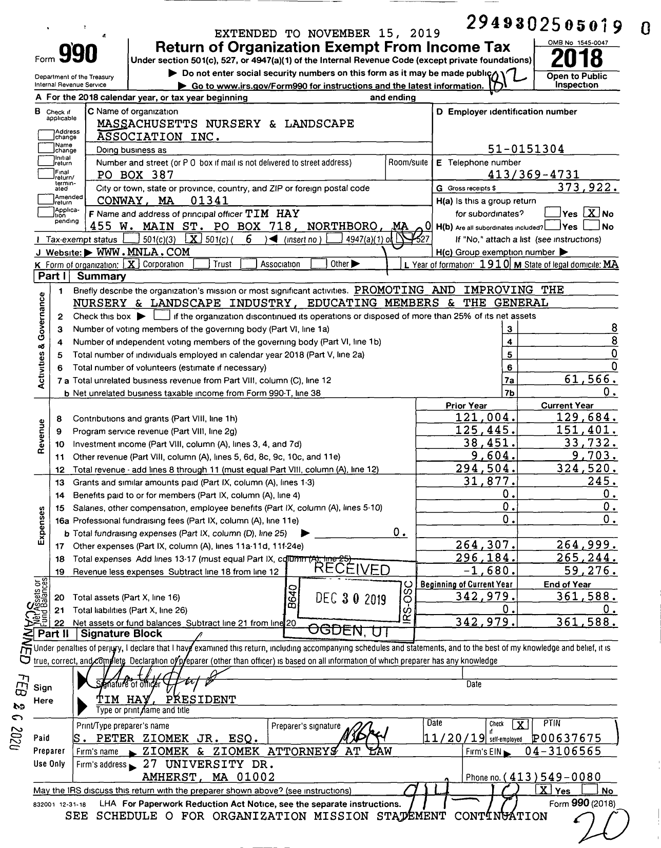 Image of first page of 2018 Form 990O for Massachusetts Nursery and Landscape Association