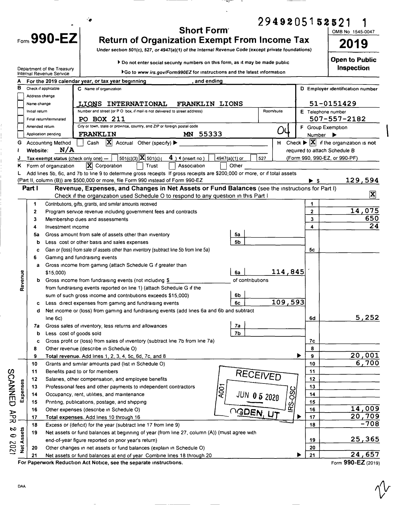 Image of first page of 2019 Form 990EO for Lions Clubs - 30254 Franklin