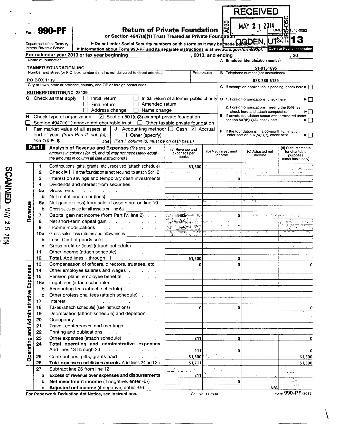 Image of first page of 2013 Form 990PF for Tanner Foundation