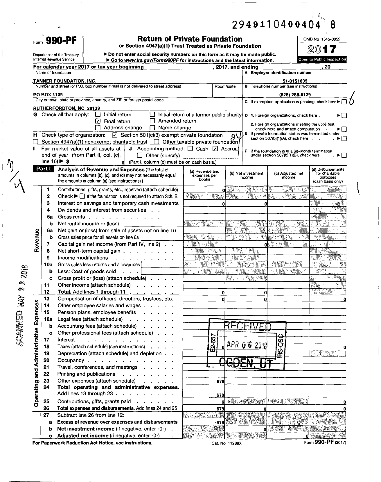 Image of first page of 2017 Form 990PF for Tanner Foundation