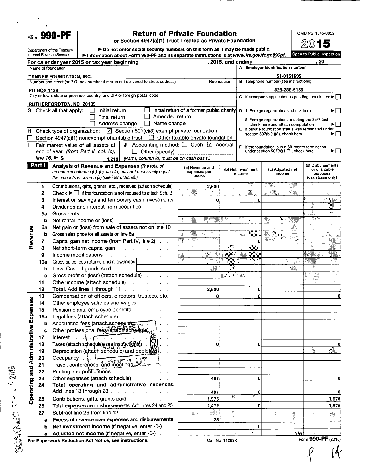 Image of first page of 2015 Form 990PF for Tanner Foundation