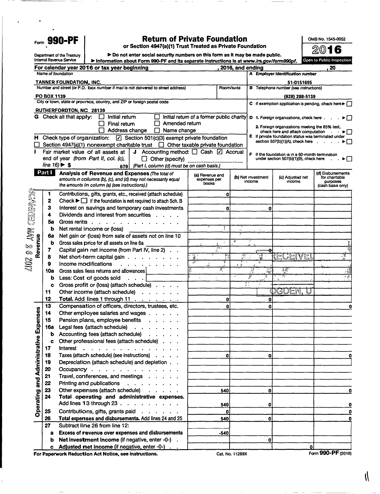 Image of first page of 2016 Form 990PF for Tanner Foundation