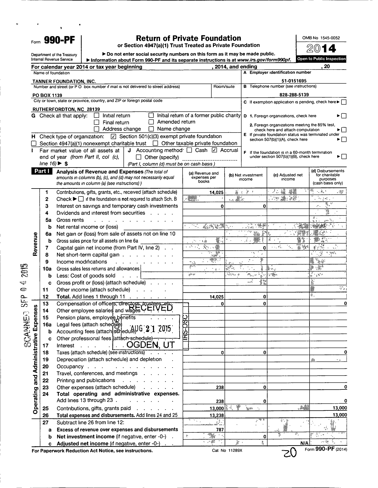 Image of first page of 2014 Form 990PF for Tanner Foundation