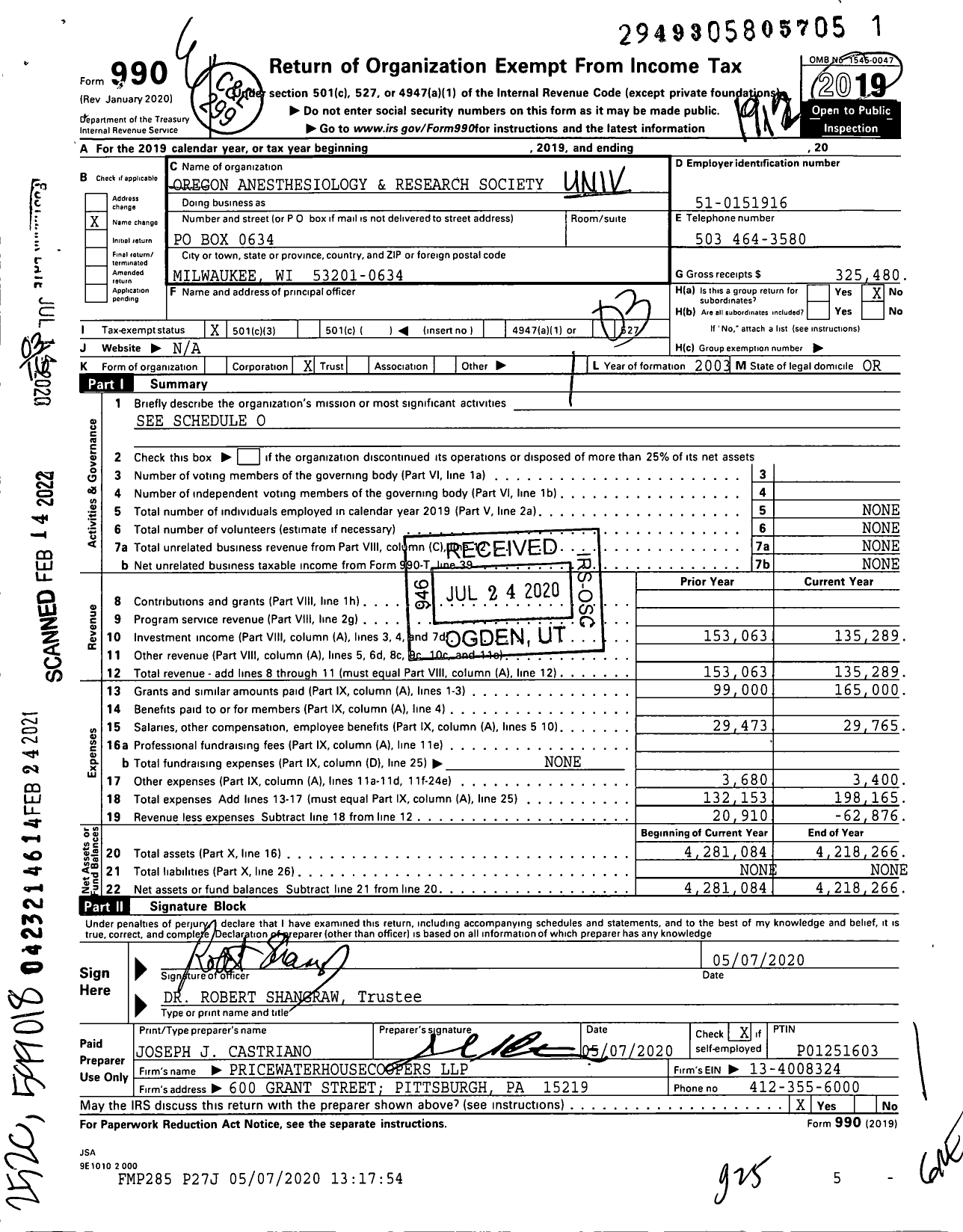 Image of first page of 2019 Form 990 for Oregon Anesthesiology and Research Society