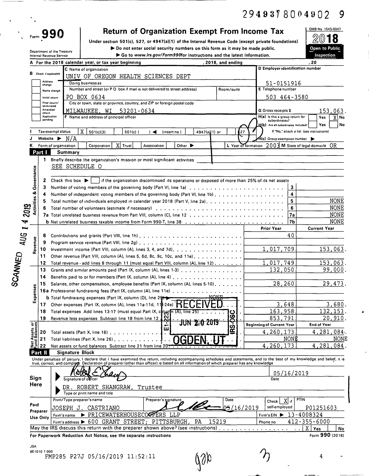 Image of first page of 2018 Form 990 for Oregon Anesthesiology and Research Society