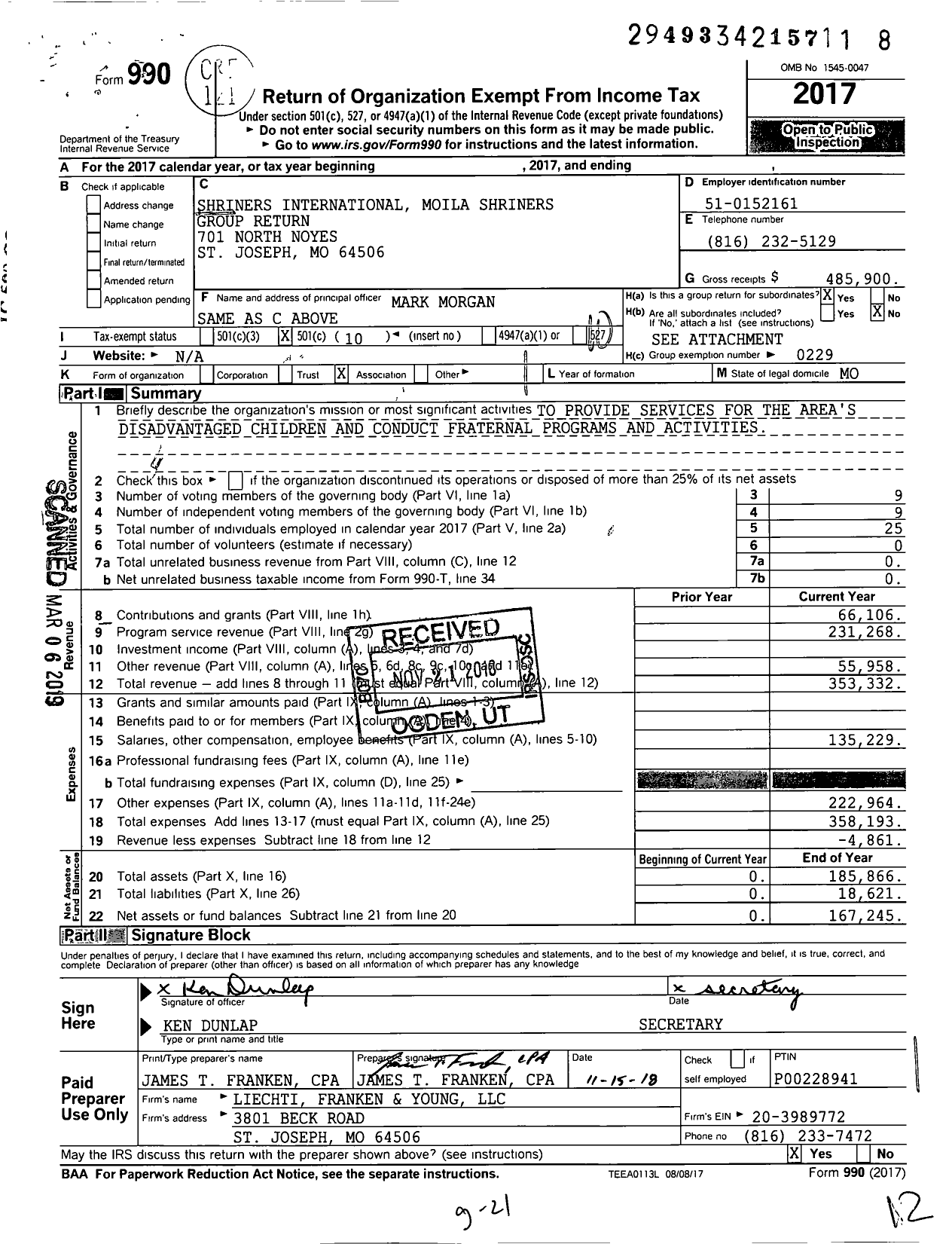 Image of first page of 2017 Form 990O for Shriners International - Moila Shriners Group Return