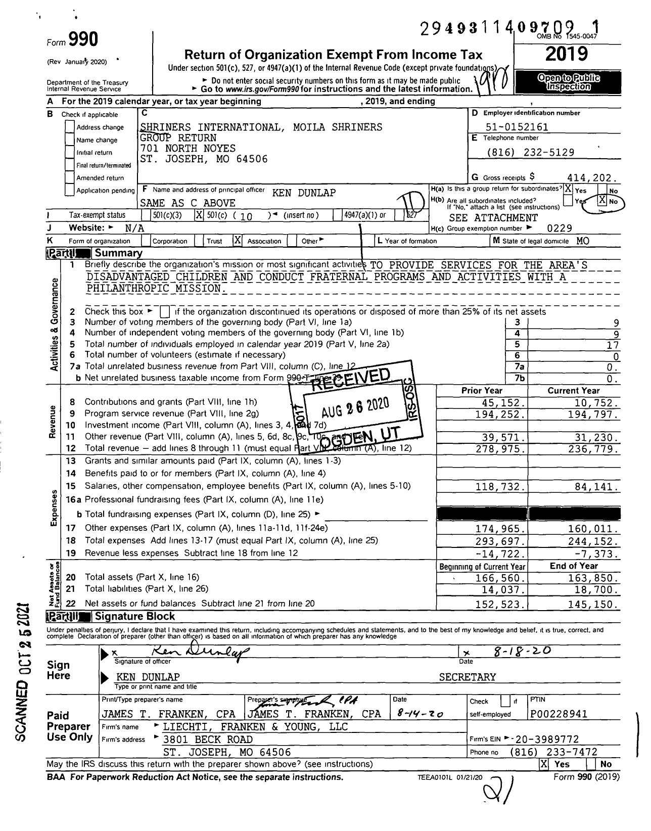 Image of first page of 2019 Form 990O for Shriners International - Moila Shriners Group Return