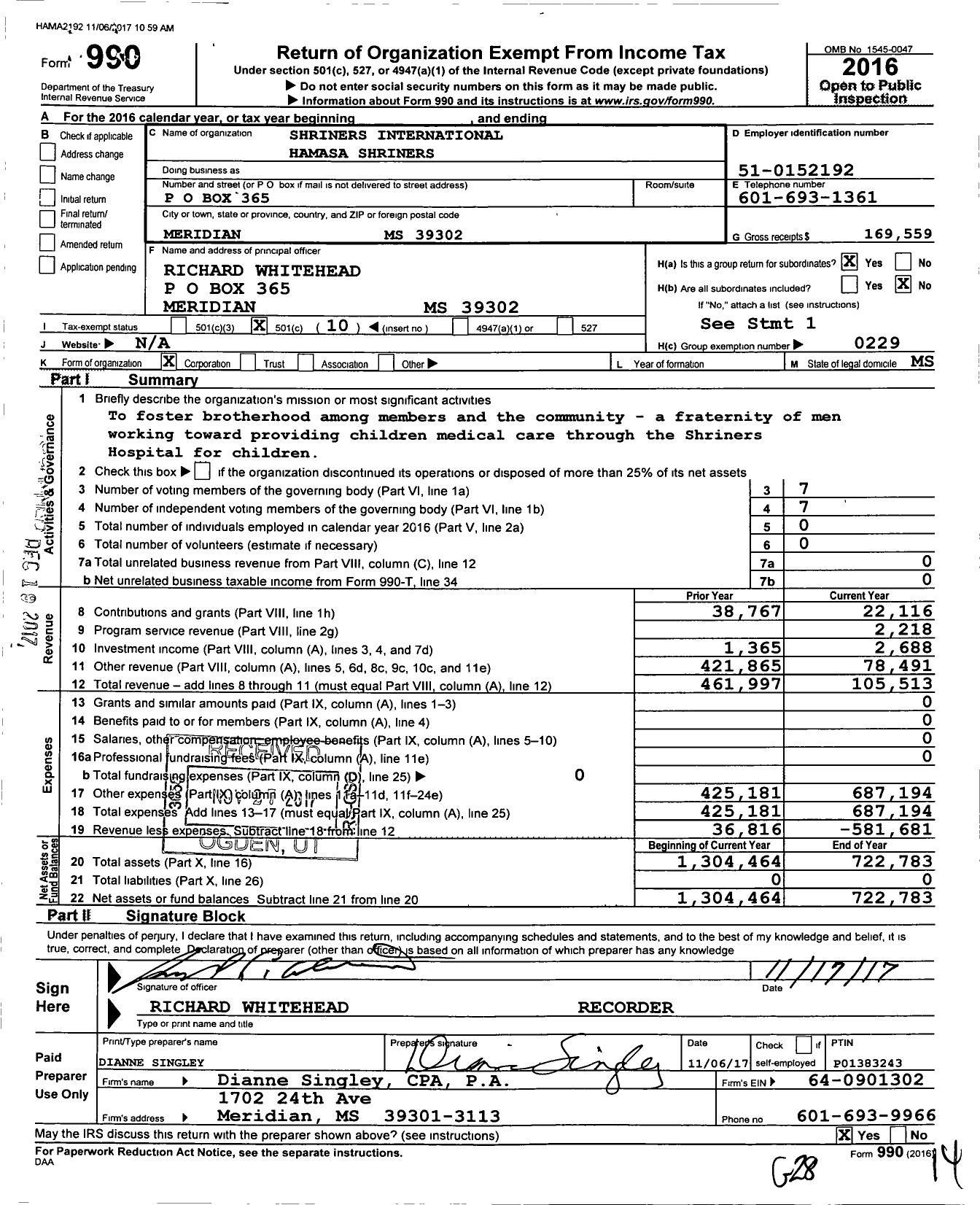 Image of first page of 2016 Form 990O for Shriners International / Hamasa Shriners- Group Return