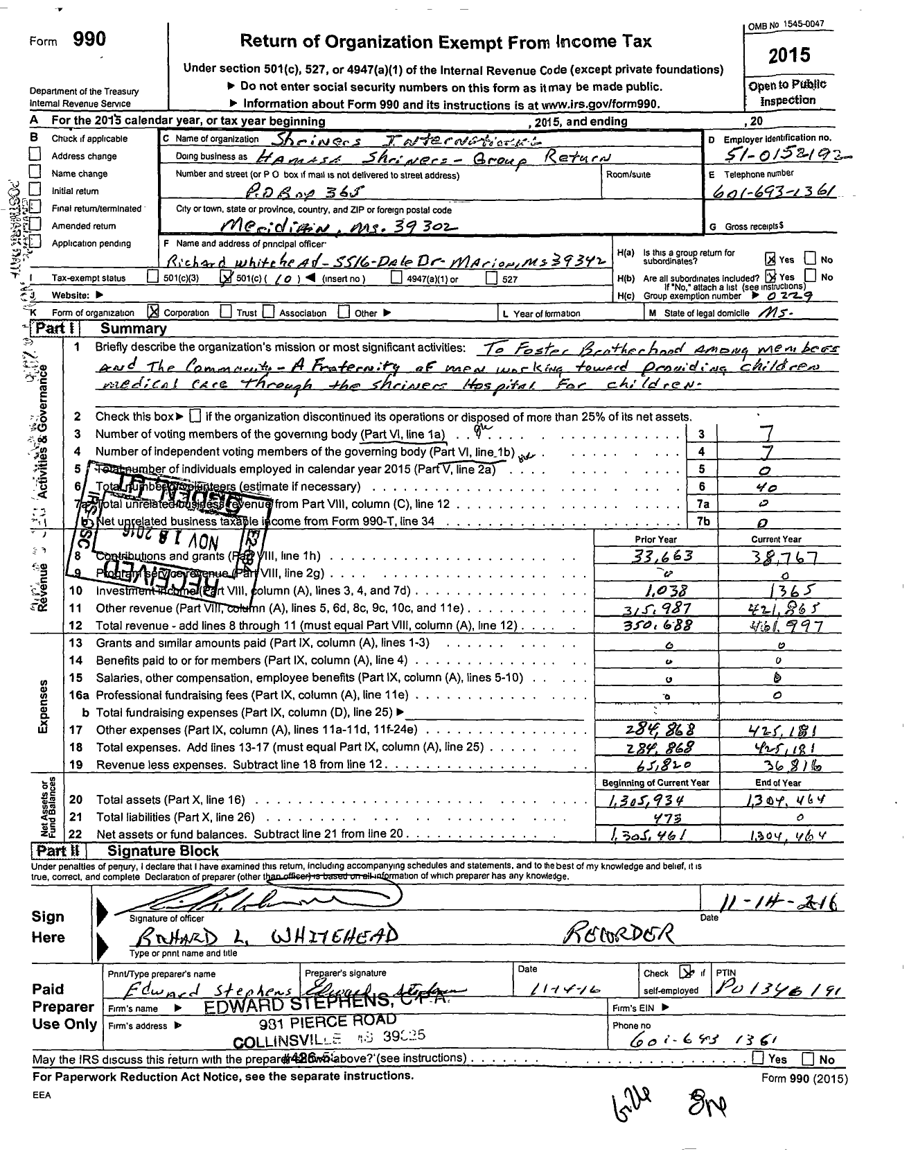 Image of first page of 2015 Form 990O for Shriners International / Hamasa Shriners- Group Return