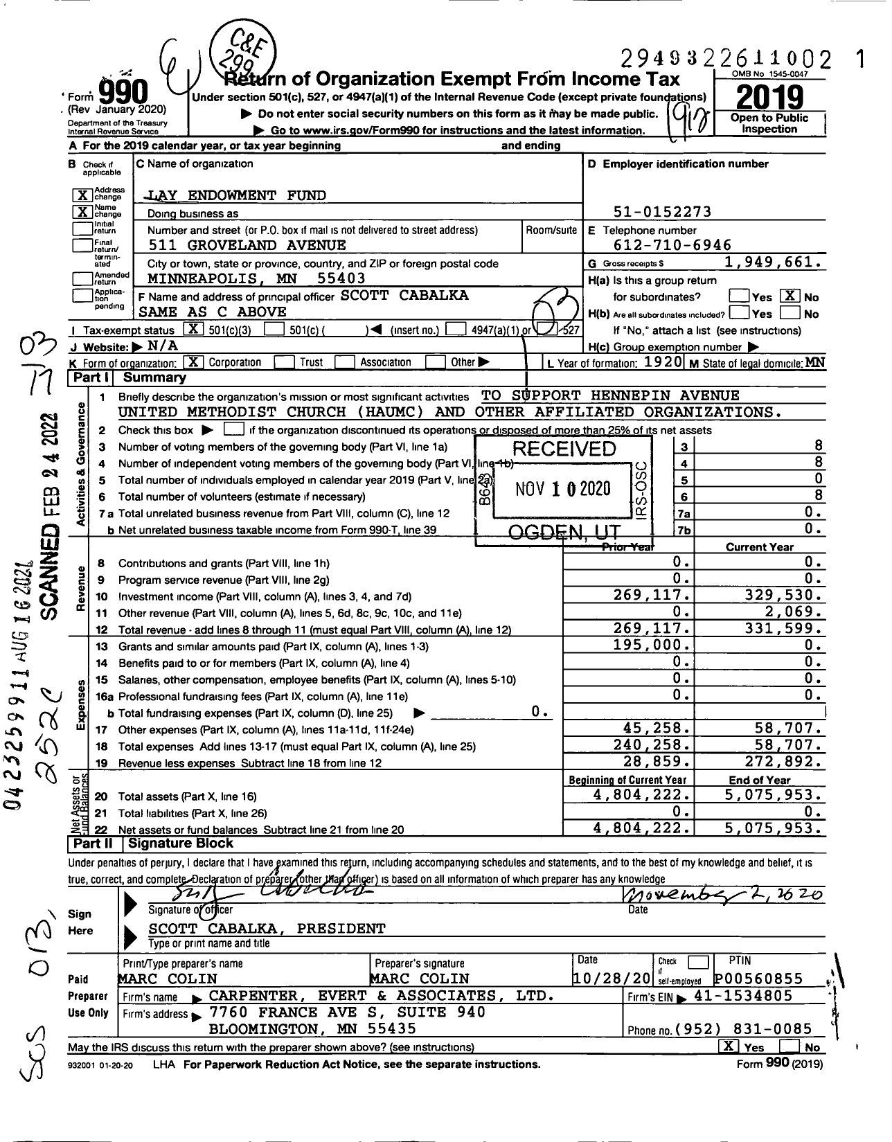 Image of first page of 2019 Form 990 for Laymen's Endowment Fund