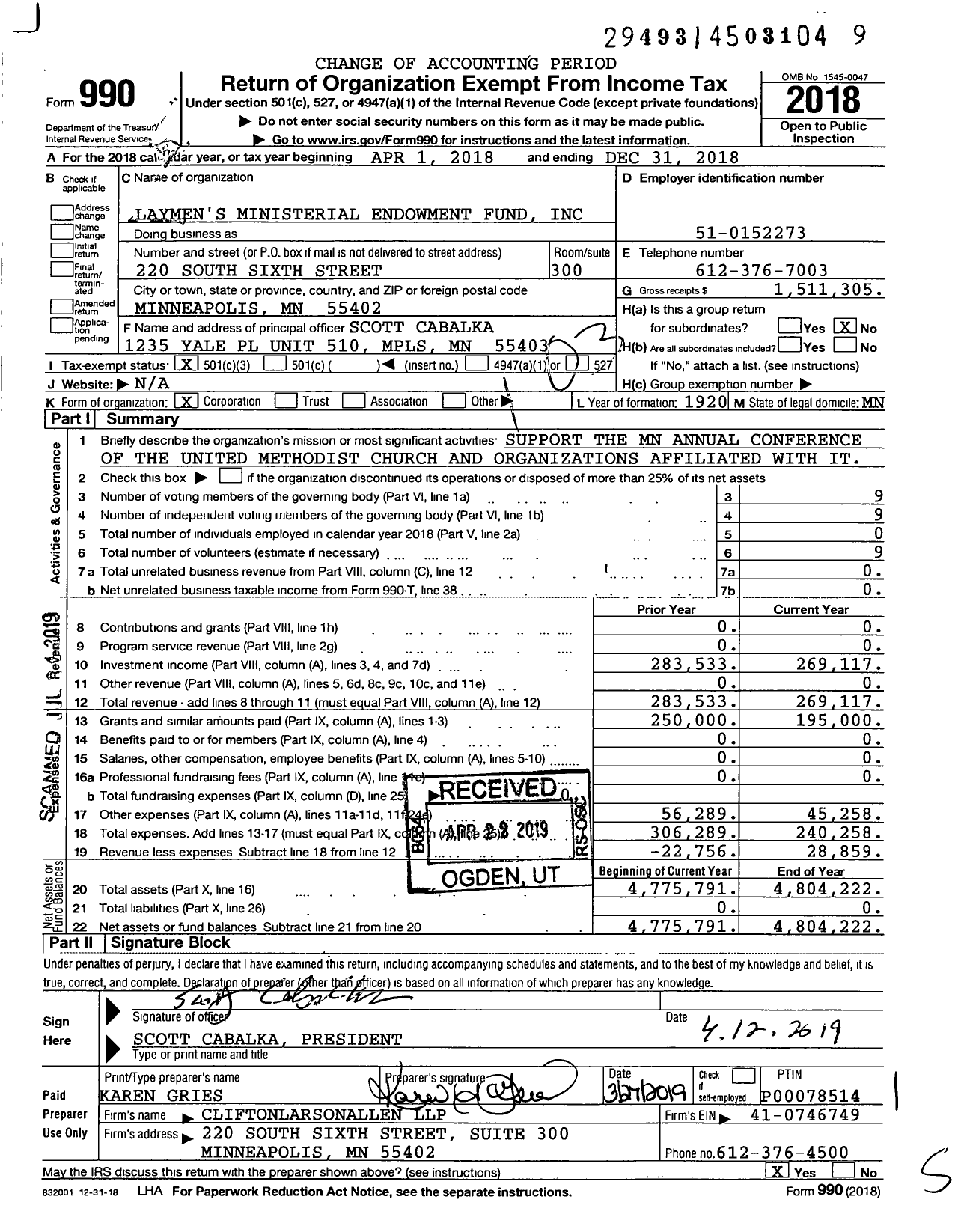 Image of first page of 2018 Form 990 for Laymen's Endowment Fund