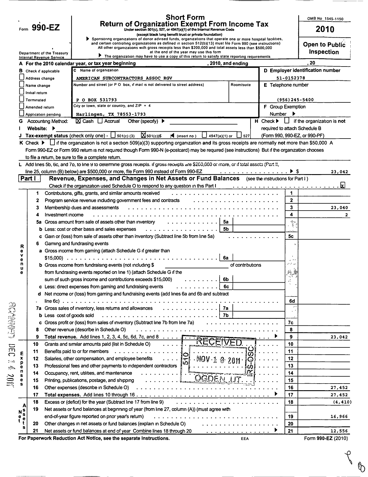 Image of first page of 2010 Form 990EO for American Subcontractors Association Rio Grande Valley