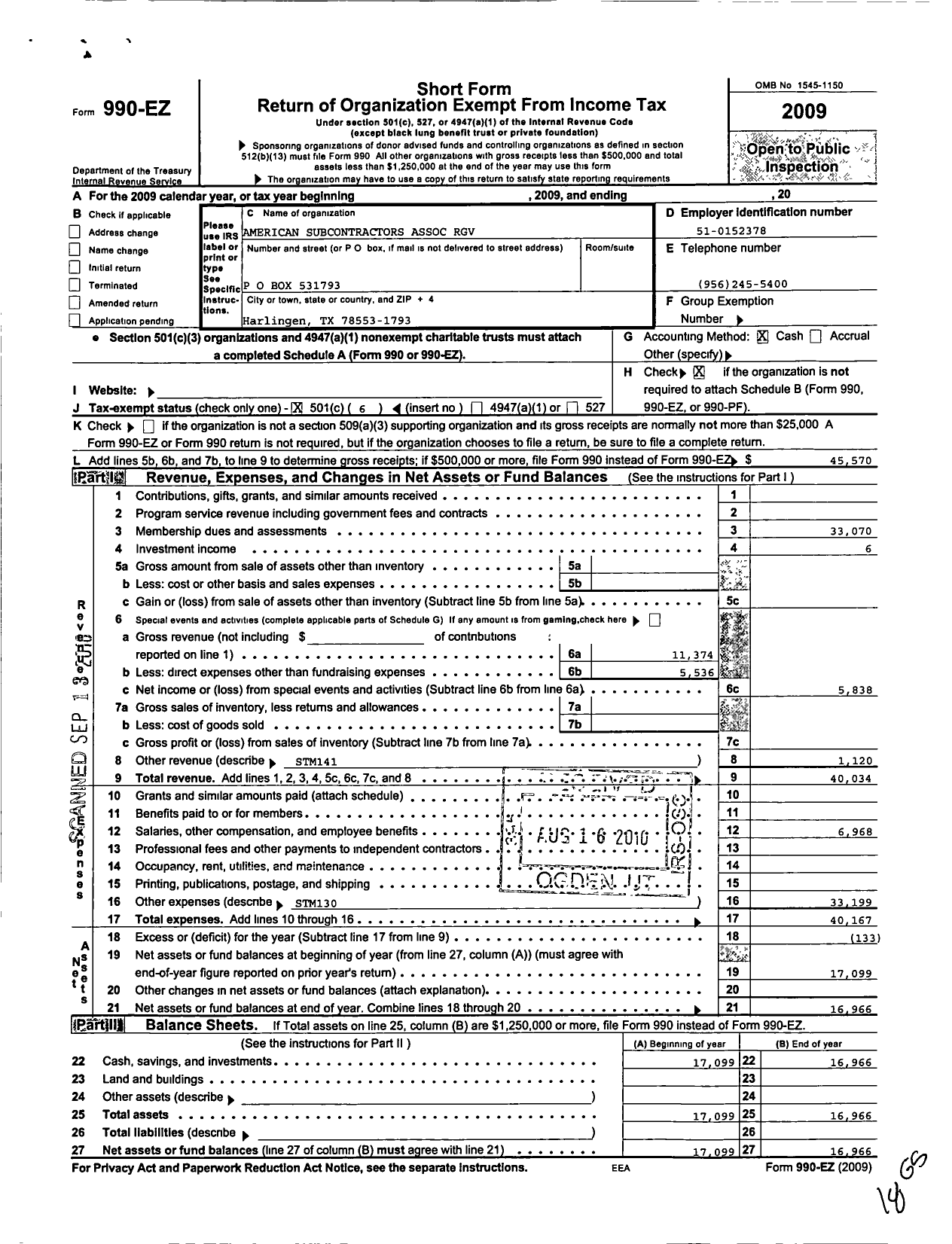 Image of first page of 2009 Form 990EO for American Subcontractors Association Rio Grande Valley