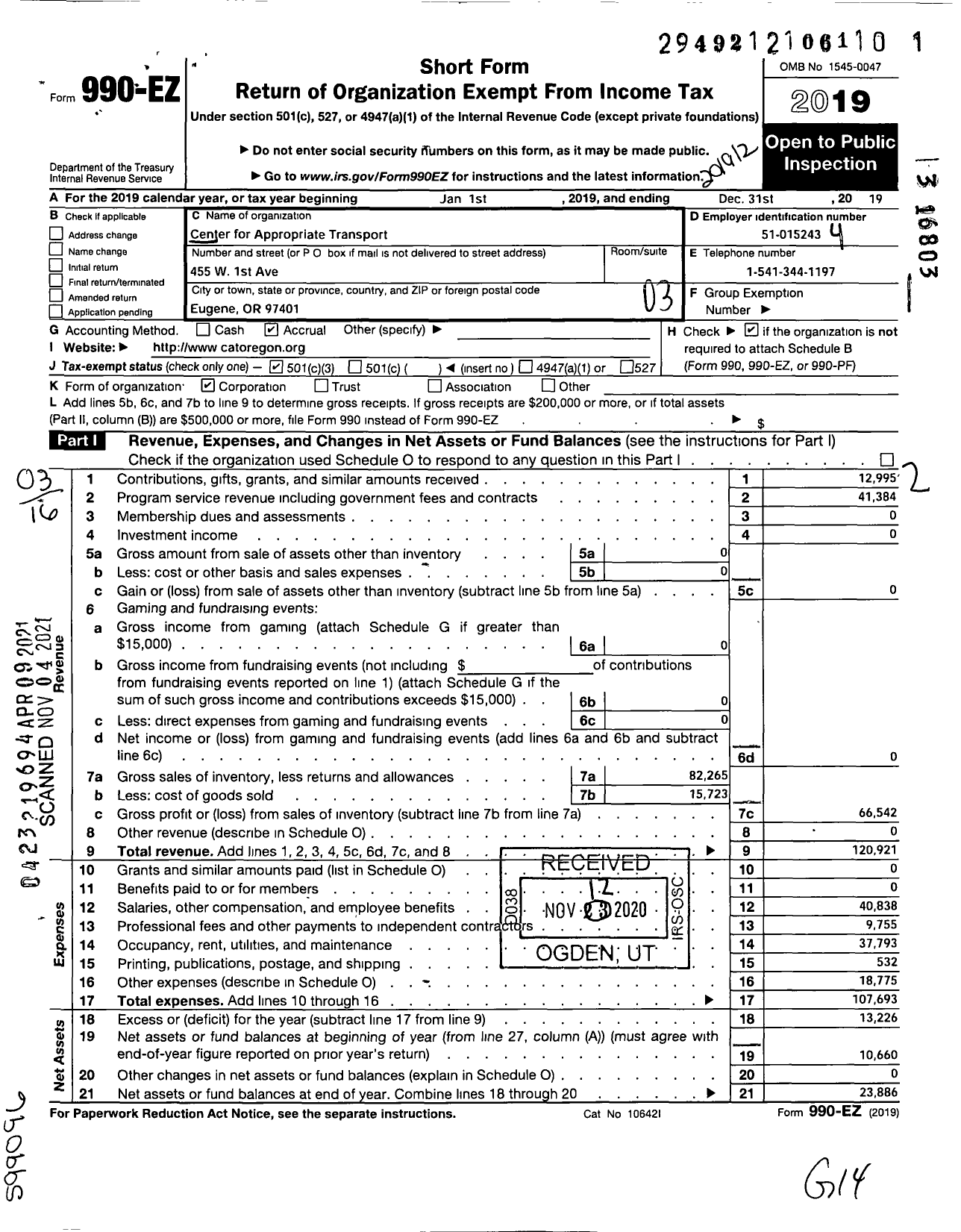 Image of first page of 2019 Form 990EZ for Center for Appropriate Transport