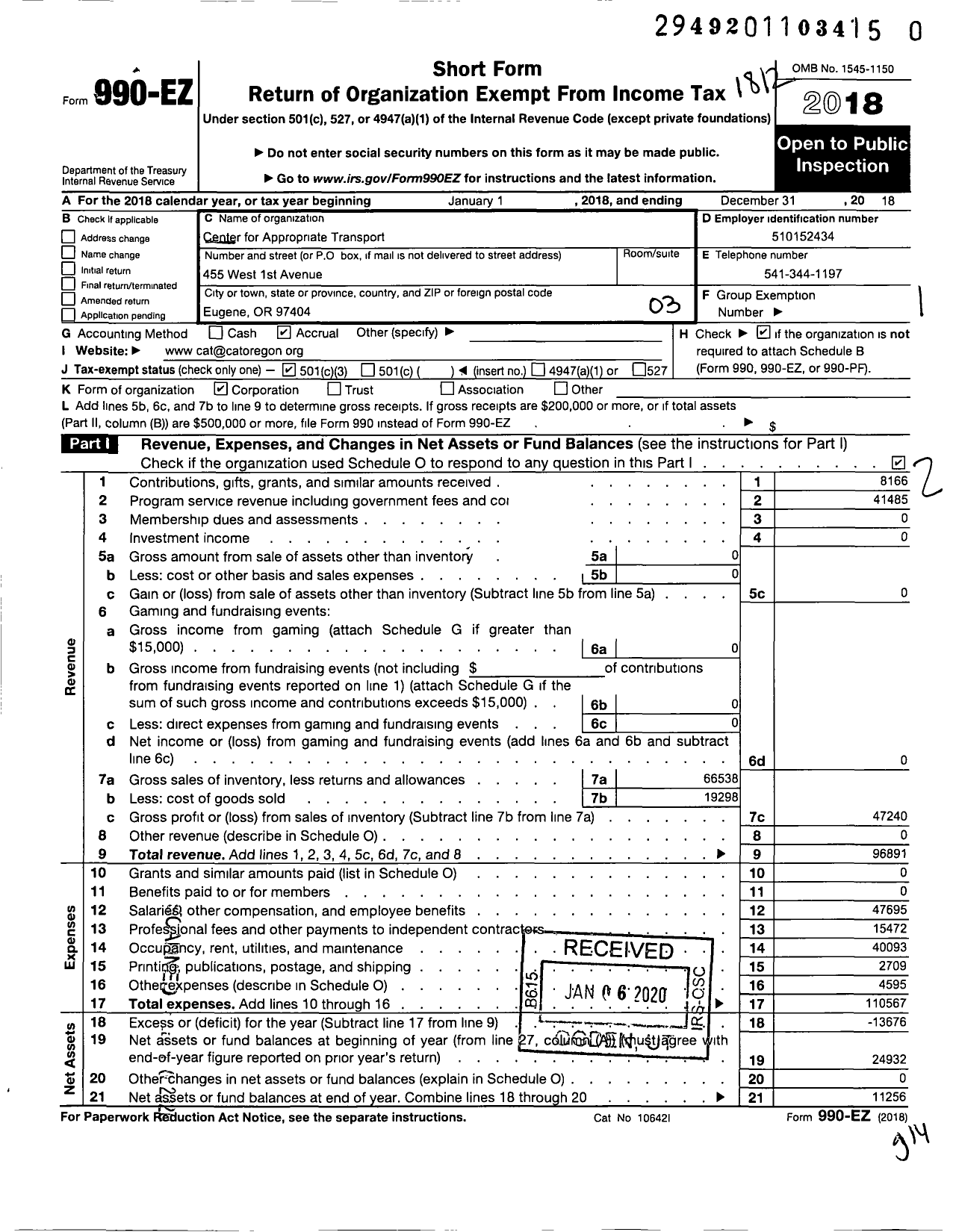 Image of first page of 2018 Form 990EZ for Center for Appropriate Transport