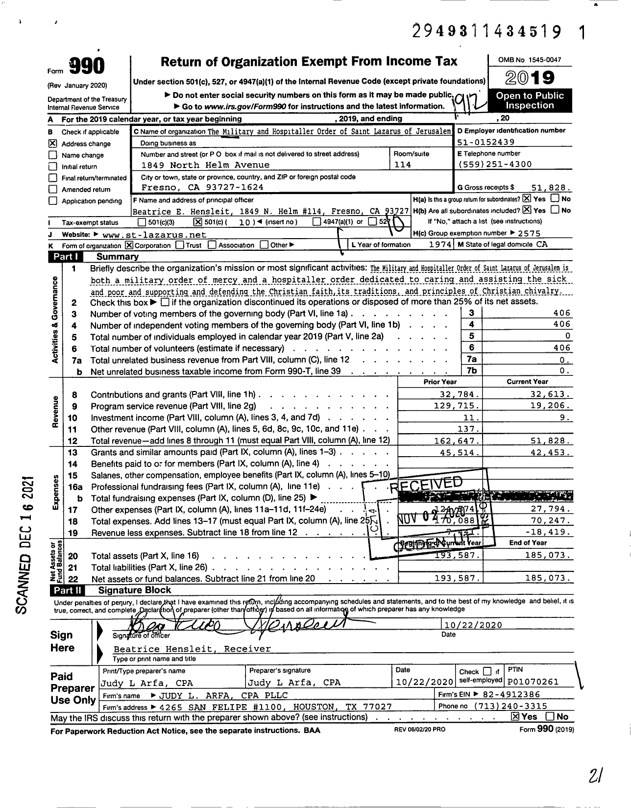 Image of first page of 2019 Form 990O for The Military and Hospitaller Order of Saint Lazarus of Jerusalem