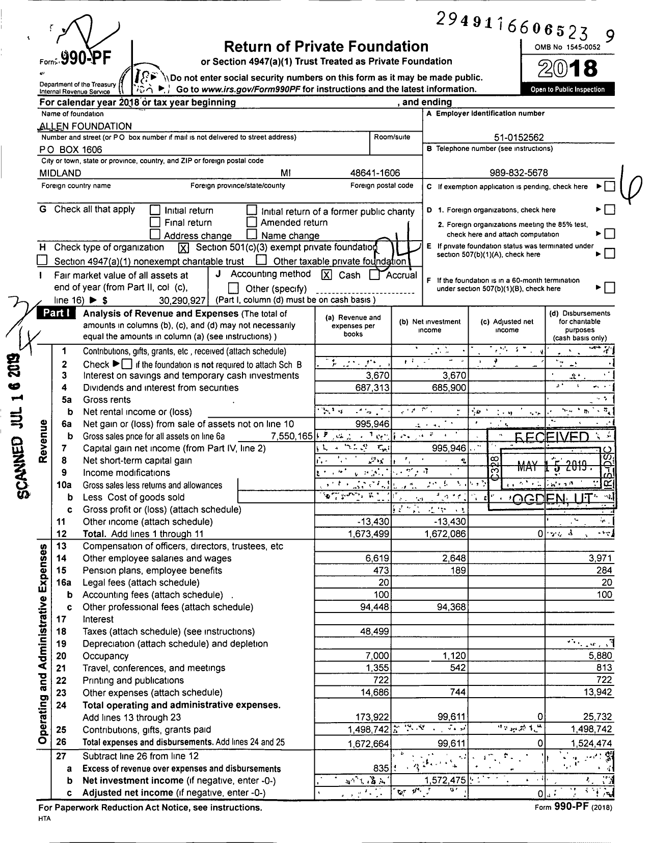 Image of first page of 2018 Form 990PF for Allen Foundation