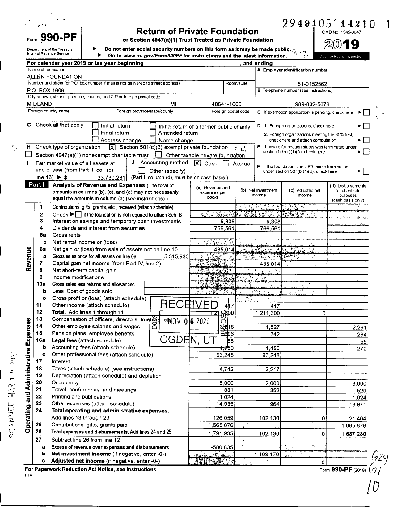 Image of first page of 2019 Form 990PF for Allen Foundation