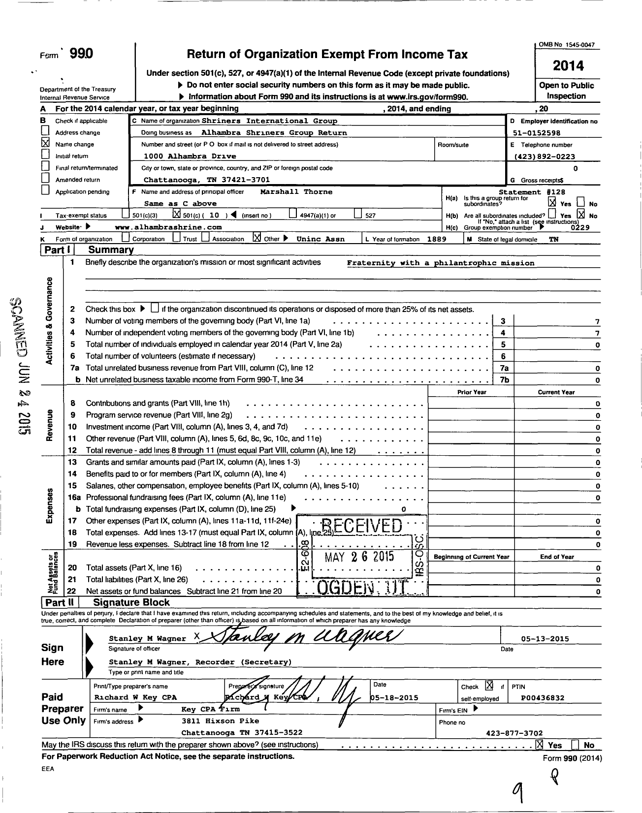 Image of first page of 2014 Form 990O for Shriners International - Alhambra Shiners Group Return