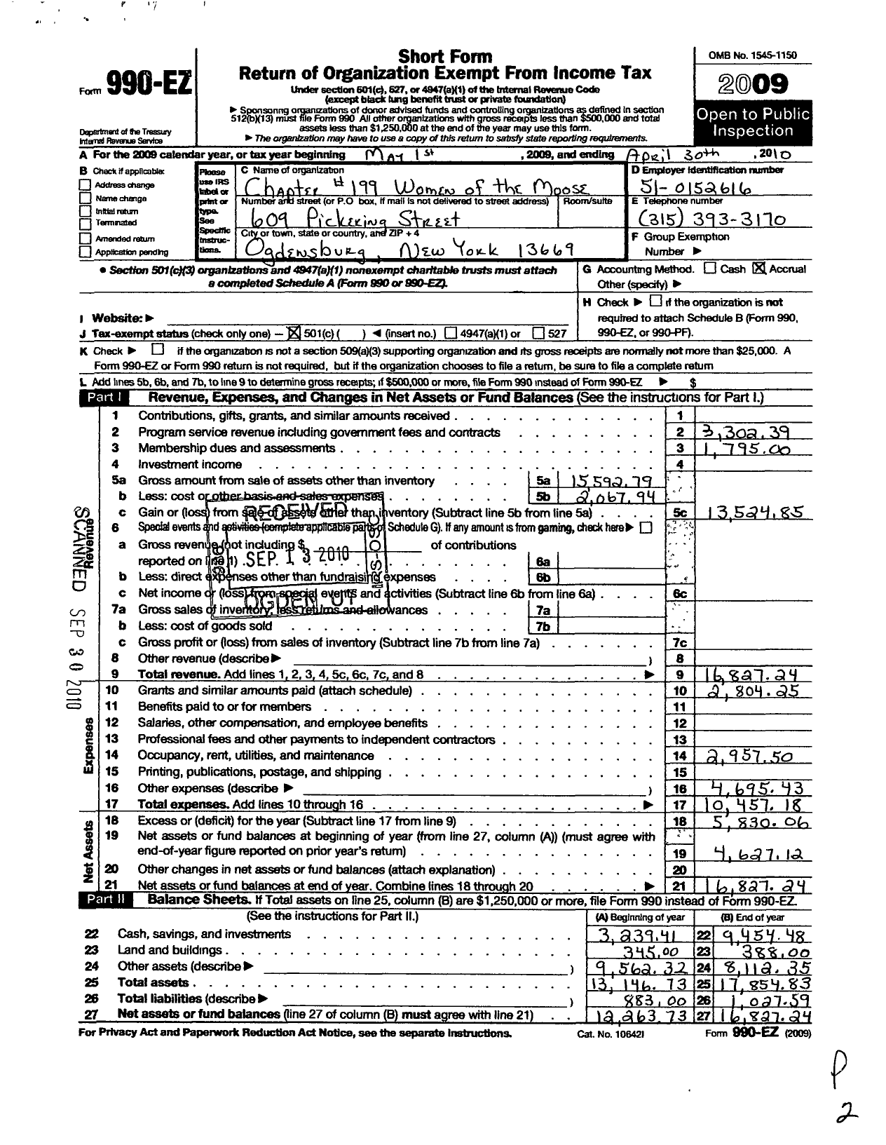 Image of first page of 2009 Form 990EO for Loyal Order of Moose - 199