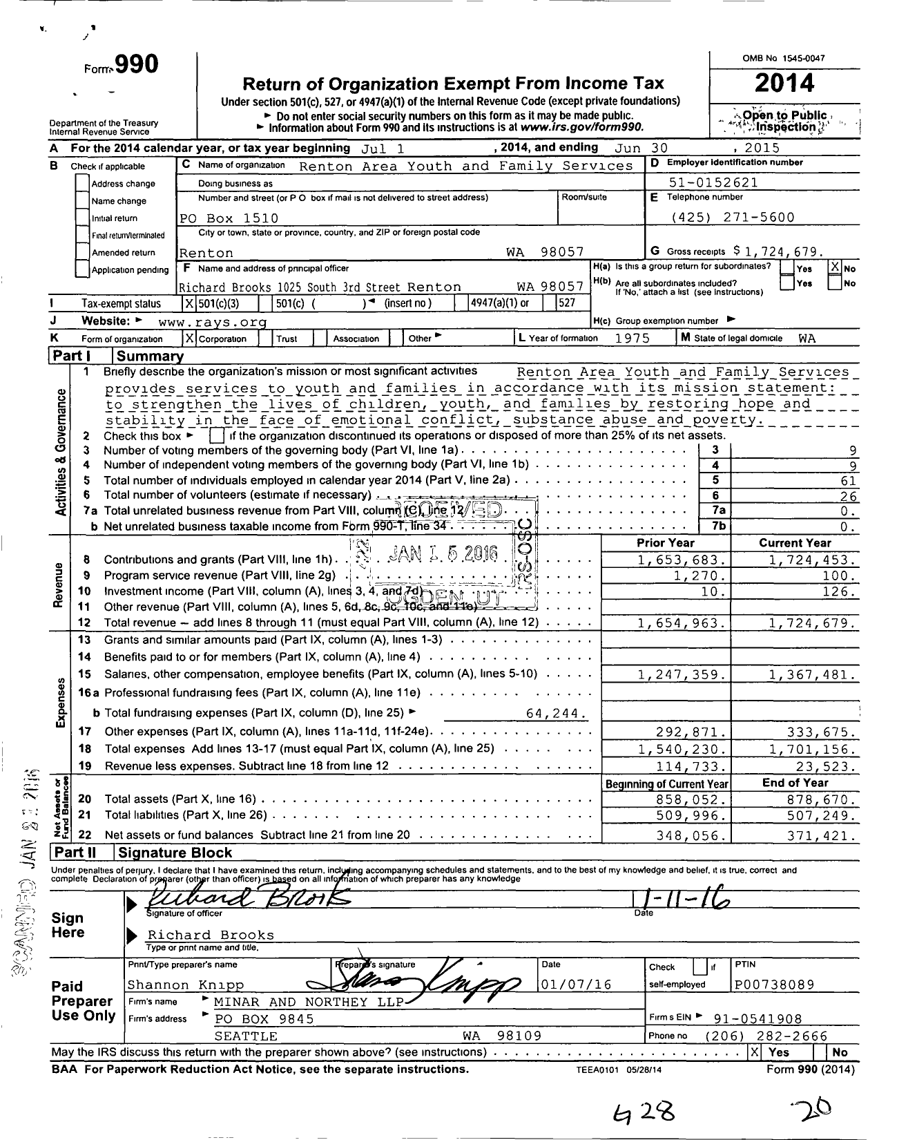 Image of first page of 2014 Form 990 for Renton Area Youth and Family Services