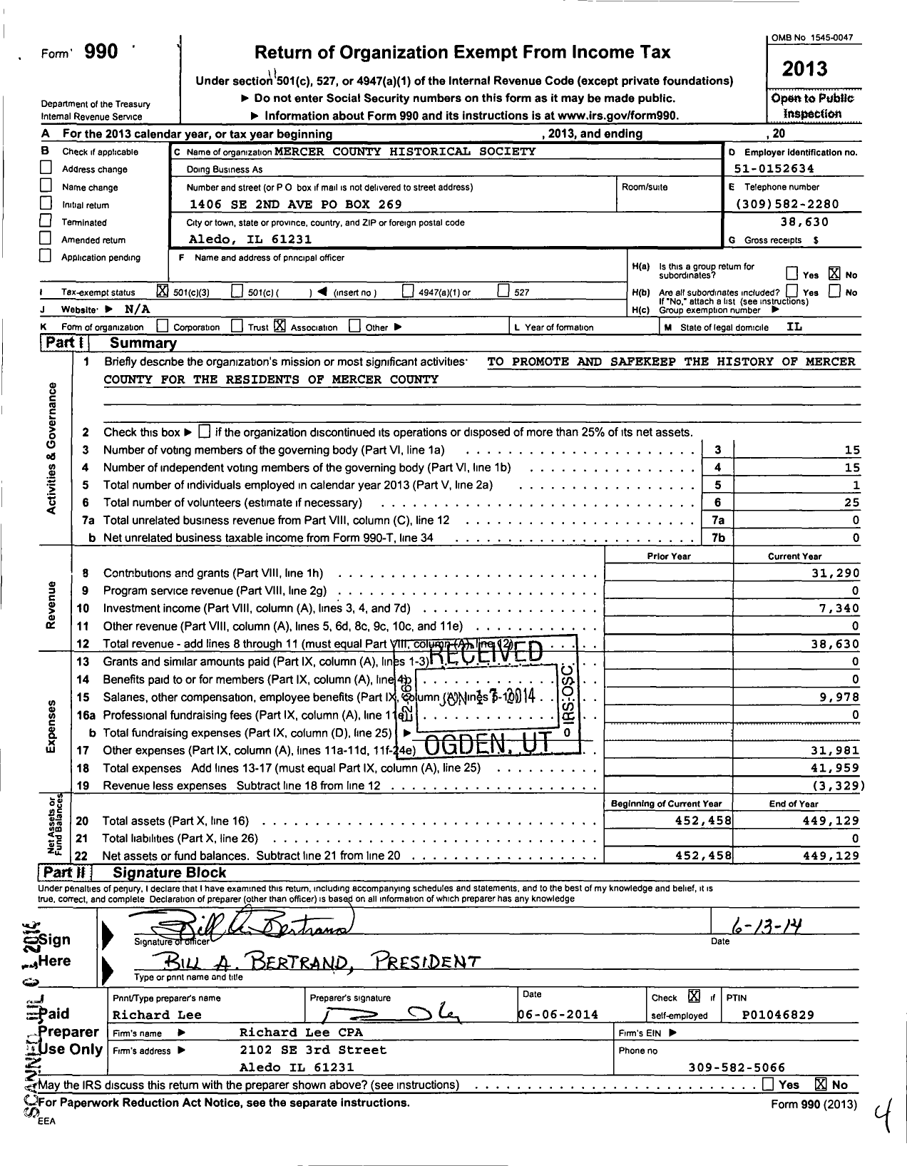 Image of first page of 2013 Form 990 for Mercer County Historical Society