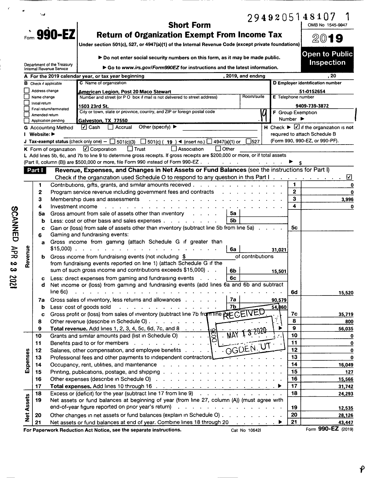 Image of first page of 2019 Form 990EO for American Legion Post 20 Maco Stewart