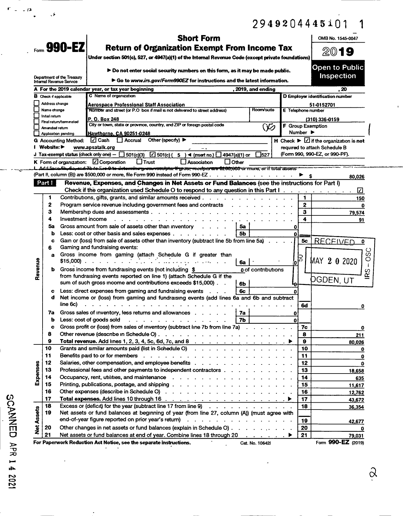 Image of first page of 2019 Form 990EO for Aerospace Professional Staff Association