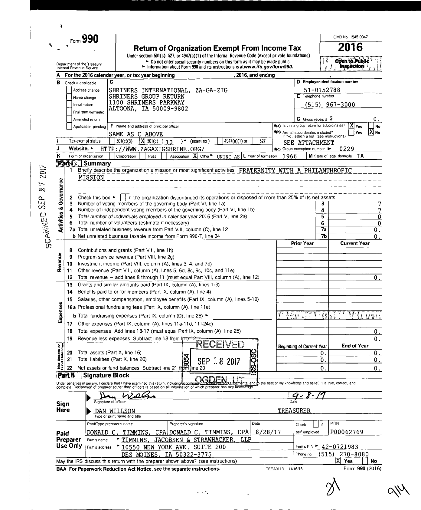 Image of first page of 2016 Form 990O for Shriners International - Za Ga Zig Shrine Temple - Group Return