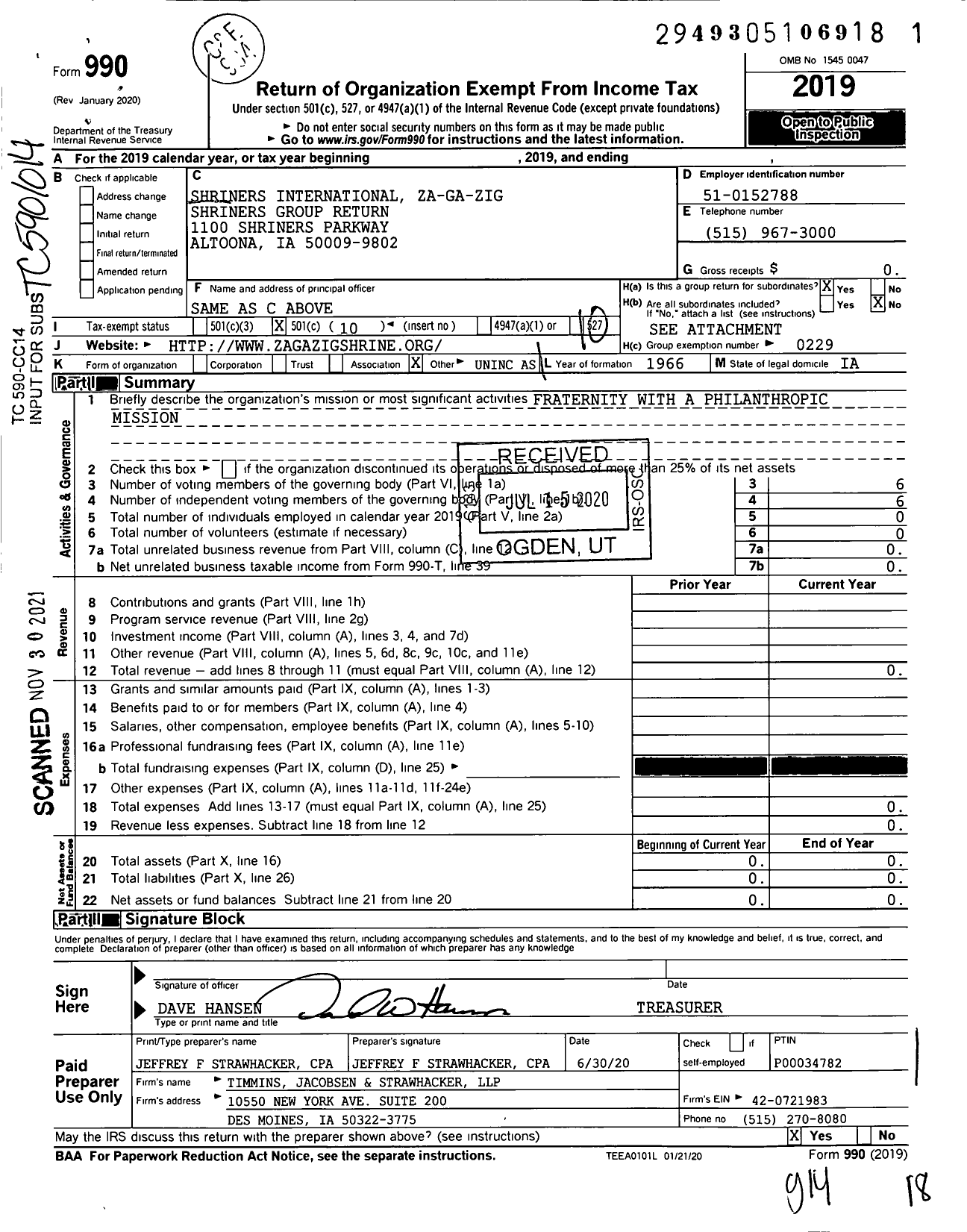 Image of first page of 2019 Form 990O for Shriners International - Za Ga Zig Shrine Temple - Group Return