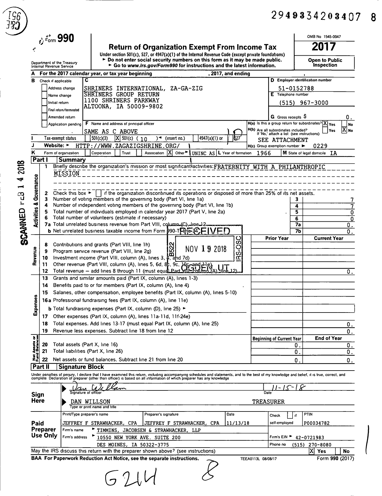 Image of first page of 2017 Form 990O for Shriners International - Za Ga Zig Shrine Temple - Group Return