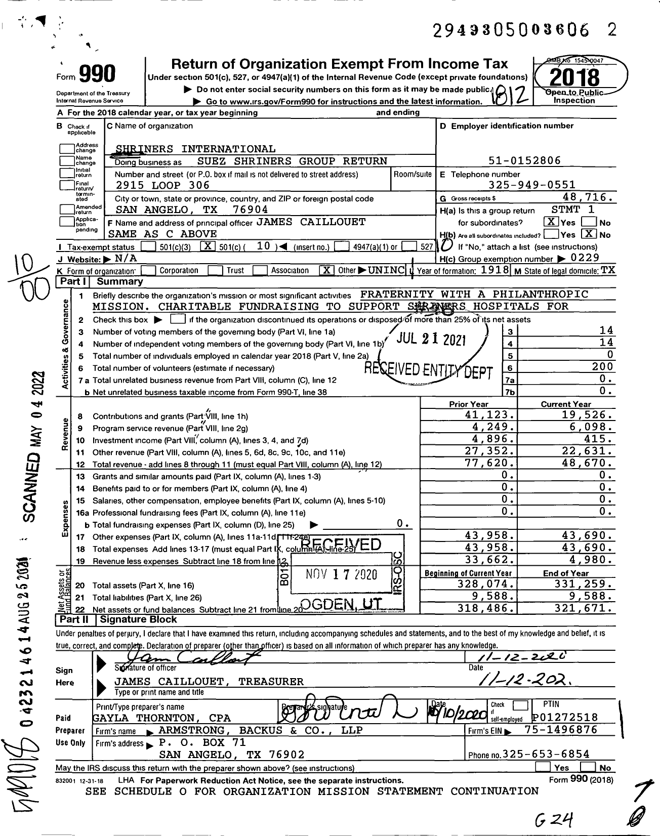 Image of first page of 2018 Form 990O for Shriners International - Suez Shriners Group Reture