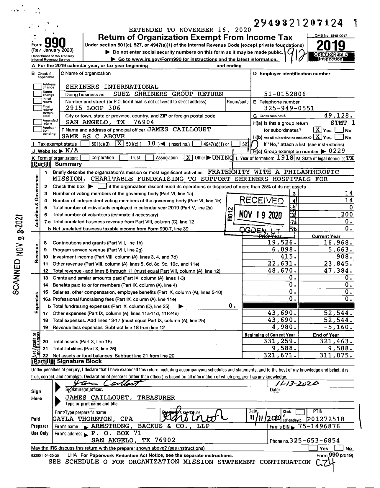 Image of first page of 2019 Form 990O for Shriners International - Suez Shriners Group Reture