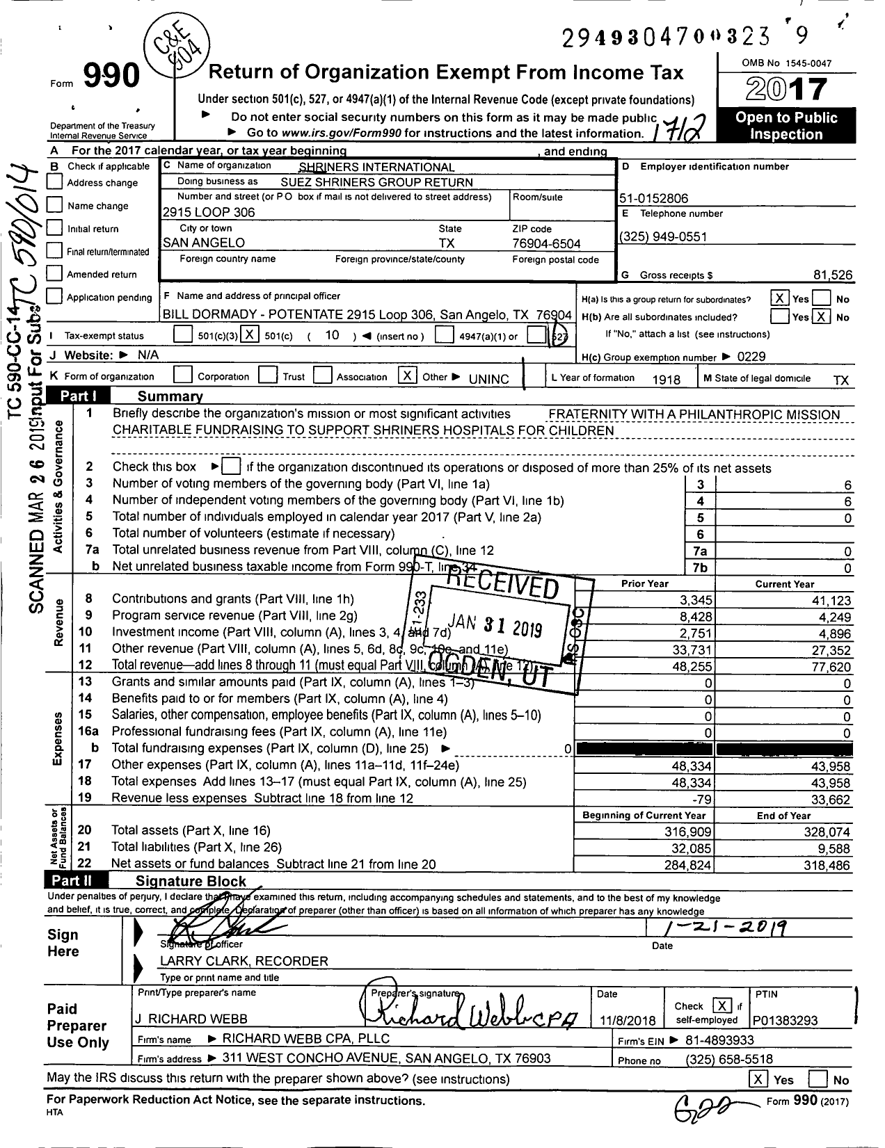 Image of first page of 2017 Form 990O for Shriners International - Suez Shriners Group Reture