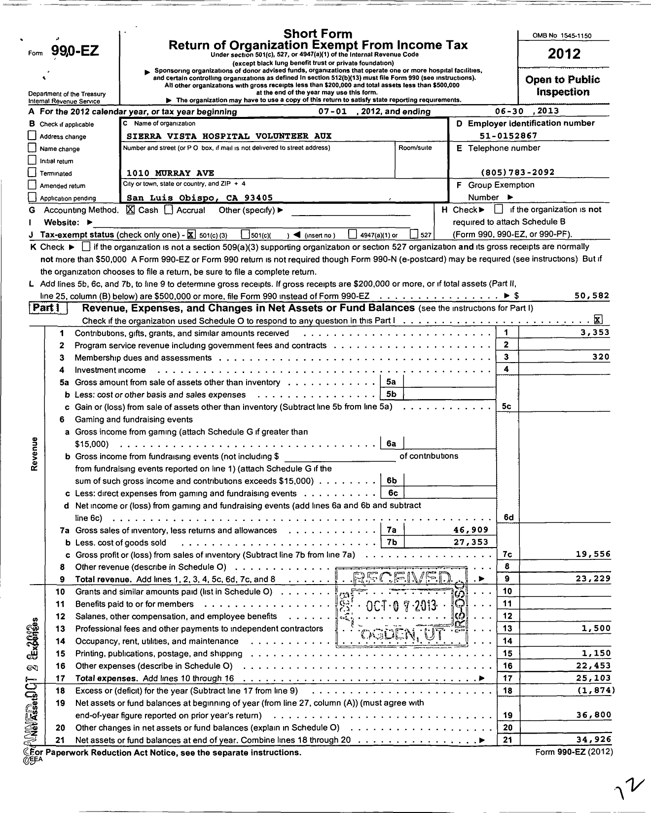 Image of first page of 2012 Form 990EZ for Sierra Vista Hospital Volunteer Auxiliary