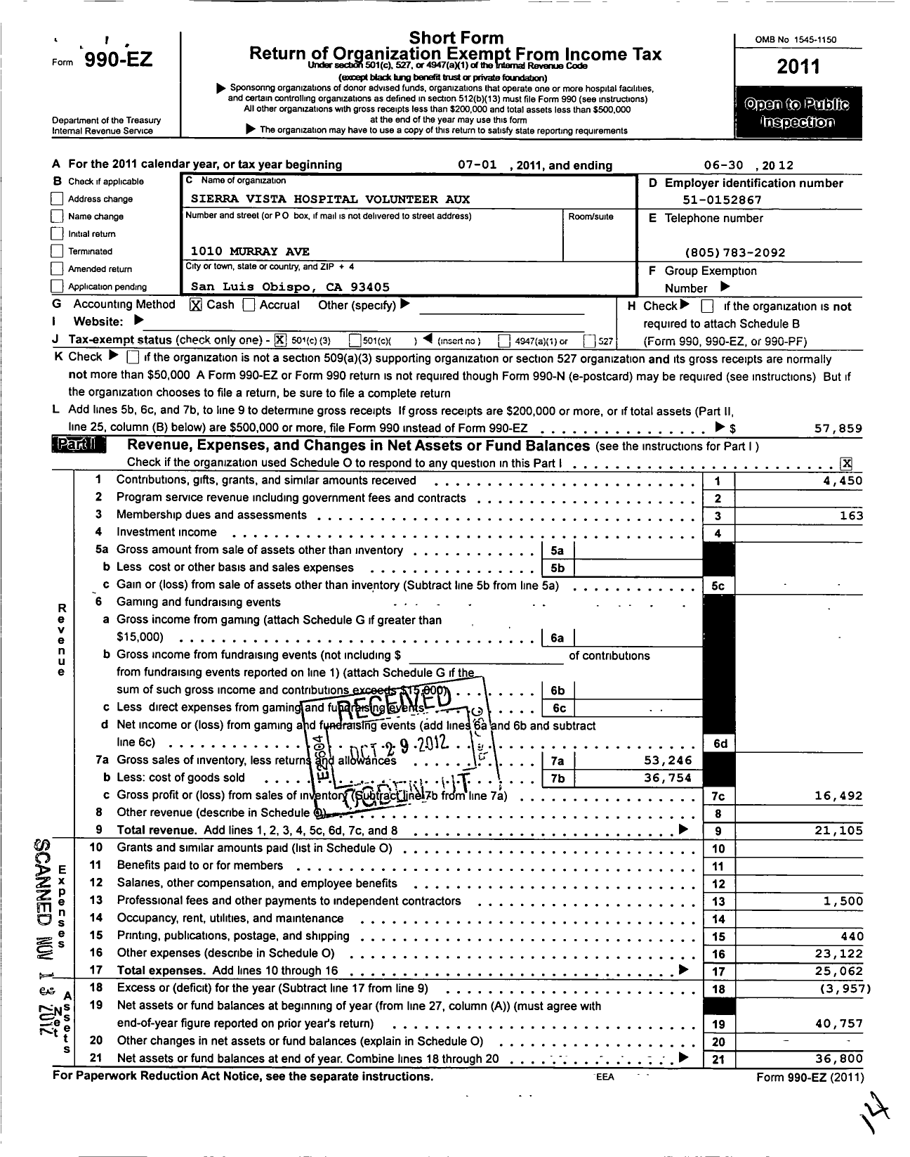 Image of first page of 2011 Form 990EZ for Sierra Vista Hospital Volunteer Auxiliary